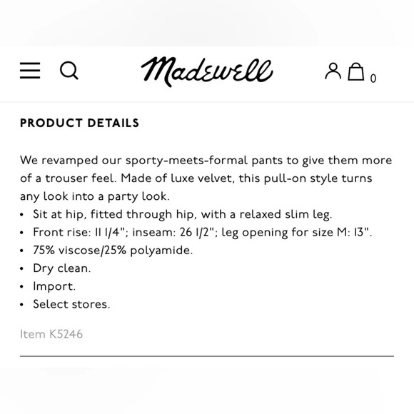 MADEWELL NWOT Track‎ Trousers in Velvet - Picture 12 of 12